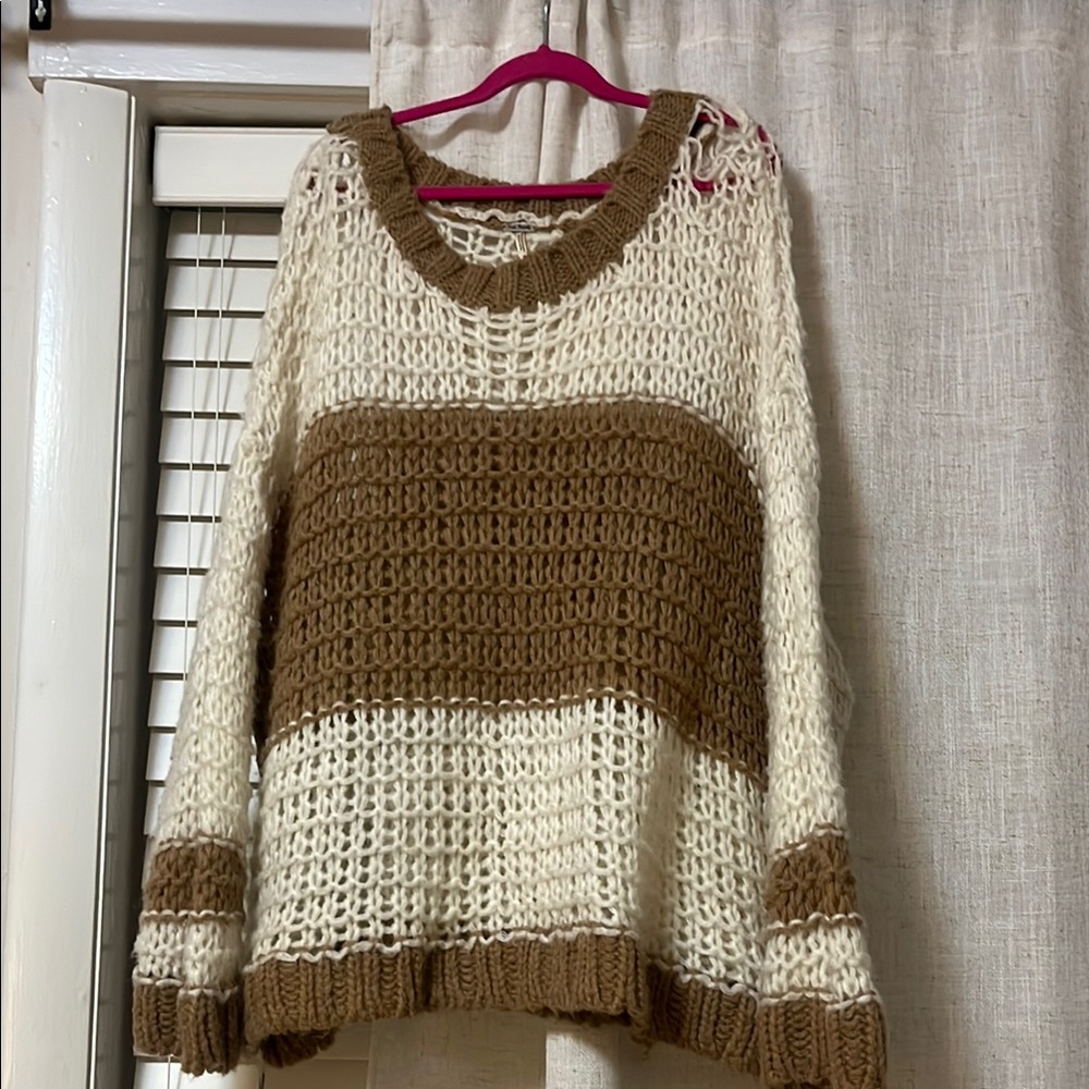 Free People Cream and Brown Color Block Crew Neck Sweater